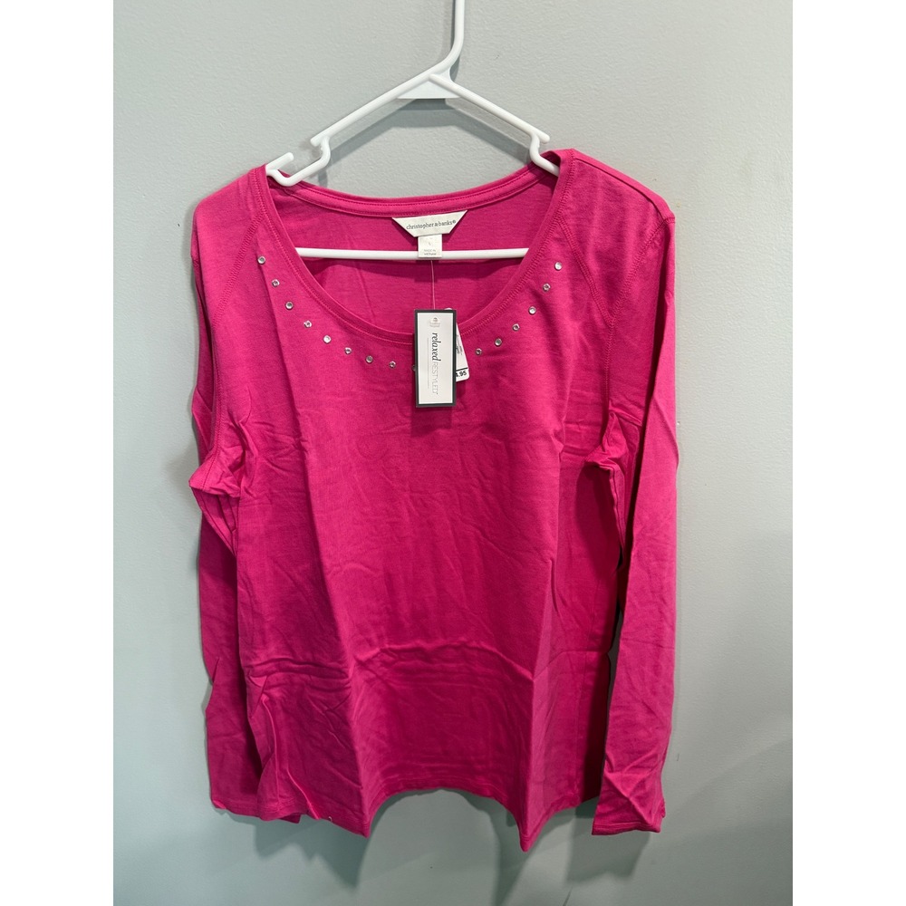 Christopher & Banks Relaxed Restyled Magenta Rhinestone Long Sleeve Top L NWT